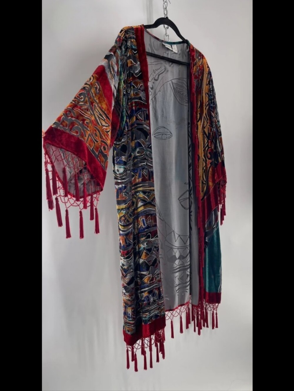 Chico's Multicolor Velvet Fringe Kimono with Artistic Face Motif ๐จ *Rare Find* - Picture 2 of 6